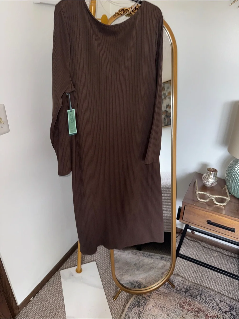 Terra & Sky Brown Ribbed Scoop-Neck Long Sleeve Dress